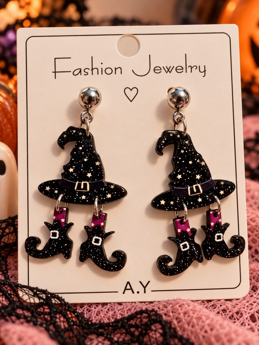 Witch Hat & Boots Acrylic Glitter Halloween Dangle Drop Earrings New